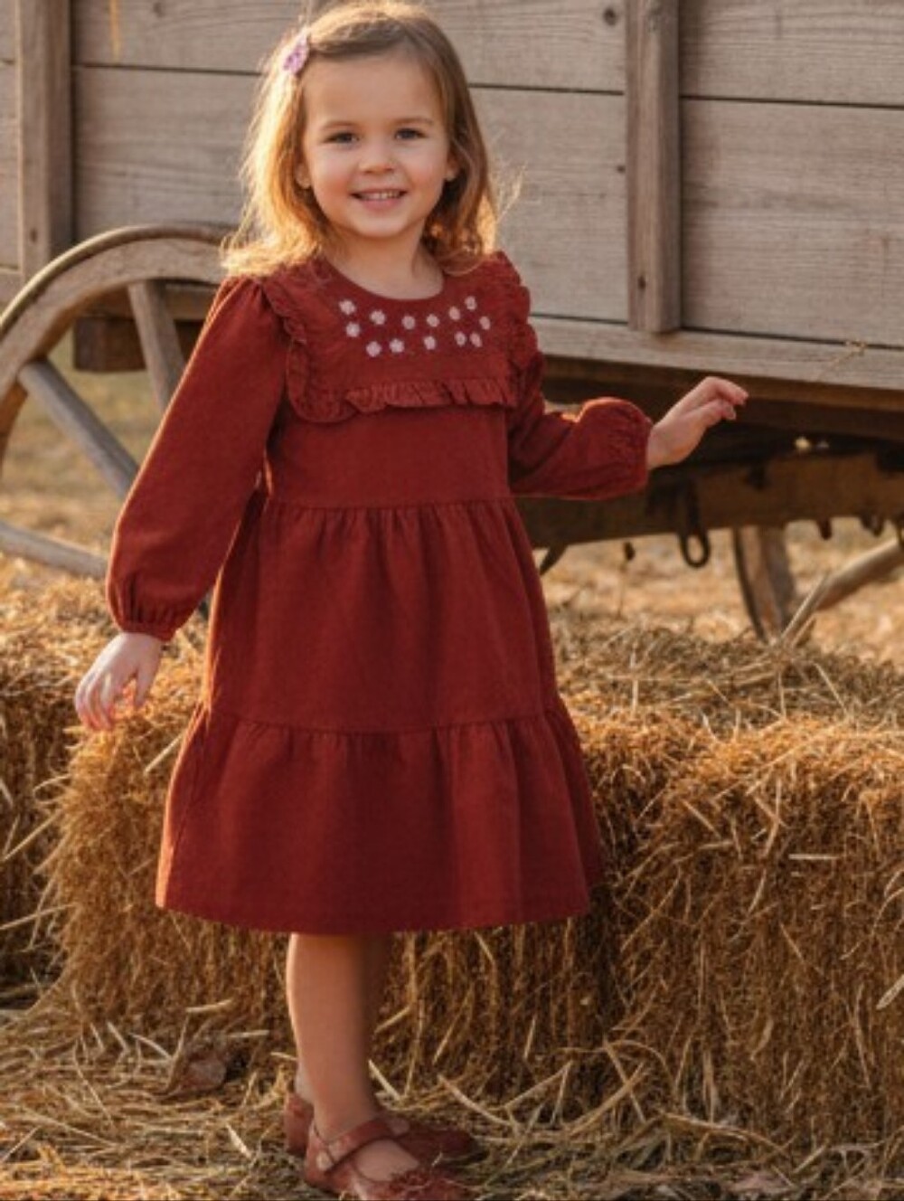 Bonnie Jean Rust Corduroy Embroidered Floral-Yoke Tiered Dress, S-0/3, 3T, NWT
